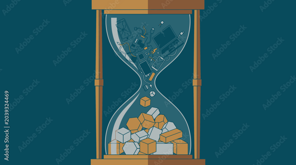 Fototapeta premium Hourglass Turning Broken Electronics into Gold and Silver Blocks for E-Waste Recycling Illustration