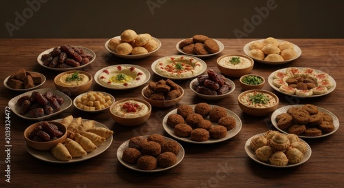 A spread of Middle Eastern food, including dates, hummus, and falafel