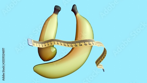 Bild auf Leinwand 3D rendering of ripe yellow bananas wrapped by a flexible measuring tape, concep