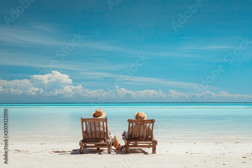 Two people relax in beach chairs facing ocean, under clear sky, sandy shore