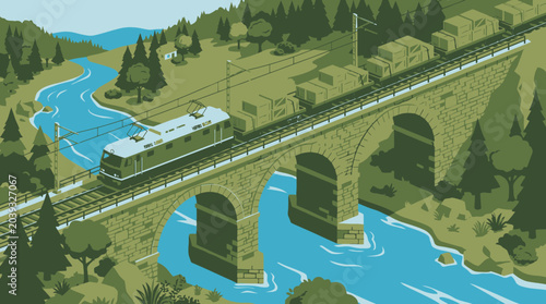 Electric Freight Train Crossing Stone Bridge Over Blue River for Clean Transportation