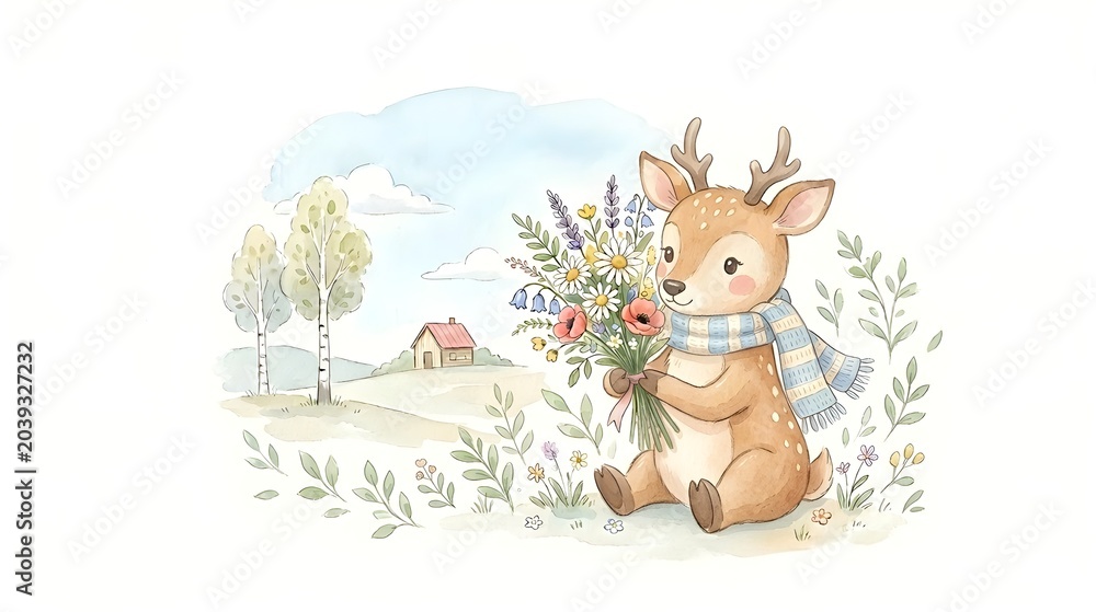Fototapeta premium Whimsical Watercolor Animal Friends Collection on White Background