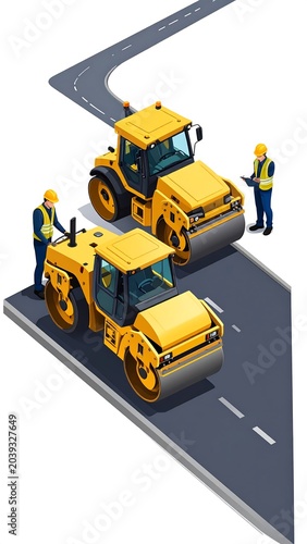 Road construction isometric illustration. Two yellow road rollers and workers on a winding road