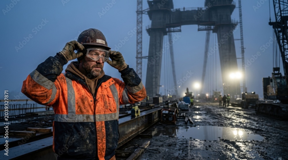 Fototapeta premium A Construction Worker Adjusting Safety Goggles on a Bridge Construction Site