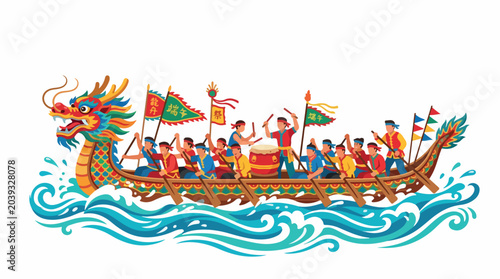 Vibrant dragon boat race on sparkling blue waves as a long colorful rowboat carries determined paddlers in outfits