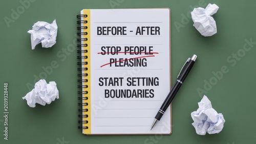 Self care concept with stop people pleasing crossed out and start setting boundaries on notebook