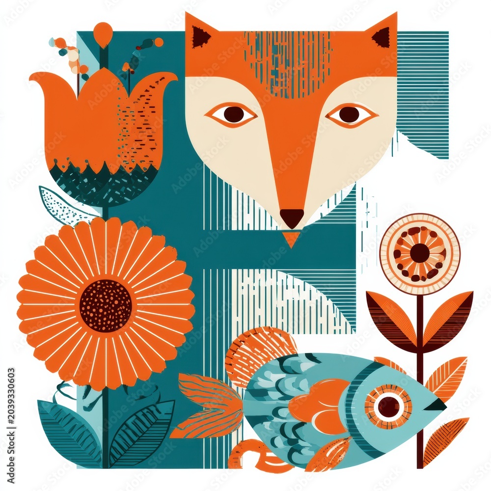 Fototapeta premium Cute cartoon fox, colorful fish, and bright flower are arranged together to represent the letter F in a vivid design on a white background.