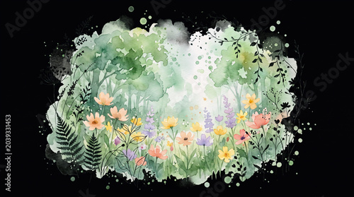 A serene watercolor illustration of a soft green enchanted forest with lush