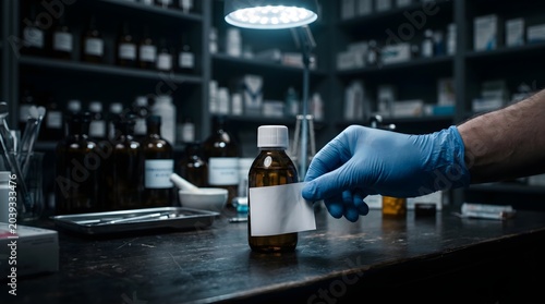 Scientist in blue gloves holding amber glass medication bottle with blank white label in laboratory.