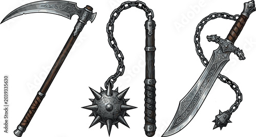 Bild auf Leinwand Medieval fantasy weapons set with ornate battle scythe spiked flail mace and eng