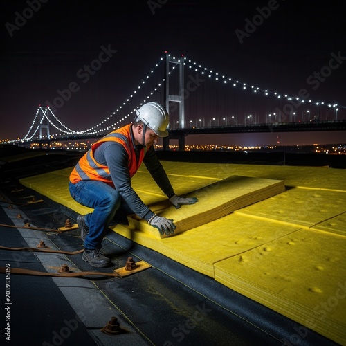 A Construction Worker Installing Insulation on a Rooftop With a Bridge in the Background at Night