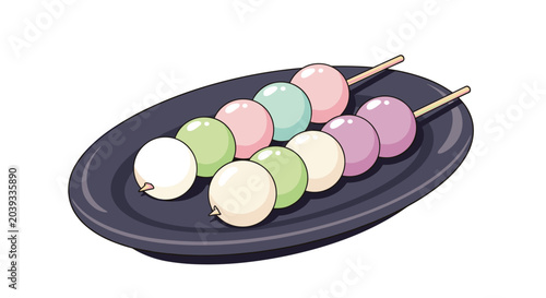 Two sticks of tricolor dango dumplings in white pink and green on a dark ceramic plate for a traditional Japanese treat.