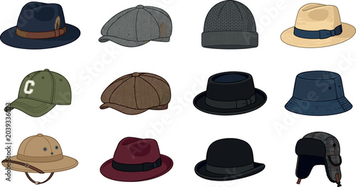 Φωτογραφία Men hat collection vector icon set including fedora baseball cap beanie panama b