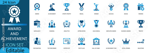 Cuadro en lienzo Award and achievement icon set in blue and dark cyan tones, featuring trophies, medals, certificates, and recognition symbols for business and sports success