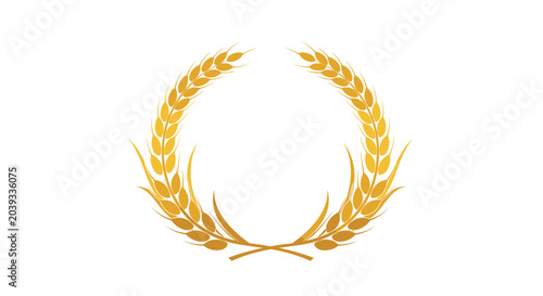Elegant golden wheat wreath symbol representing harvest, abundance, and agriculture isolated on a white background.