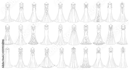 Tableau sur toile Collection of wedding dresses on display.