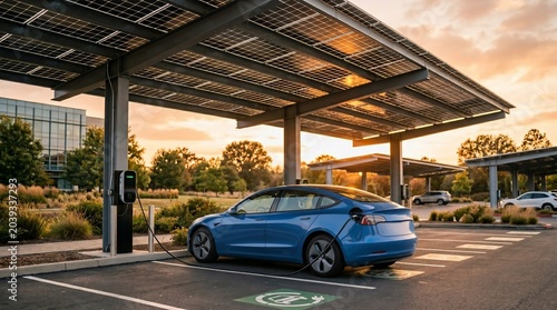 Blue electric vehicle charging at a solar panel parking lot during sunset.