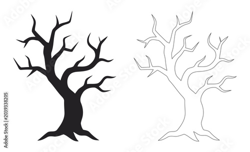 Bild auf Leinwand Spooky Halloween Gnarled Dead Tree Silhouette & Line Art Vector Illustration For