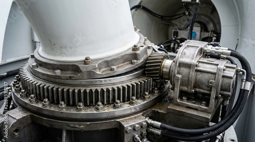 Close-up of wind turbine yaw drive mechanism and gear system.