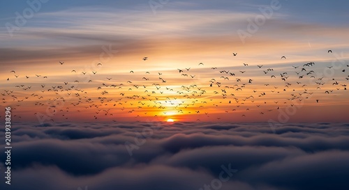 Stunning sunset over the clouds with birds flying in the sky.