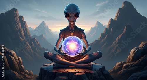 Alien meditating with glowing energy orb in mountains, extraterrestrial being in lotus position, tranquil spiritual landscape, cosmic wisdom.