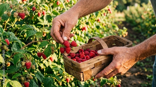 Hands carefully harvest sweet, ripe red raspberries from a lush bush, collecting the fresh, organic fruit into a rustic wooden basket on a bright summer day in a vibrant berry farm