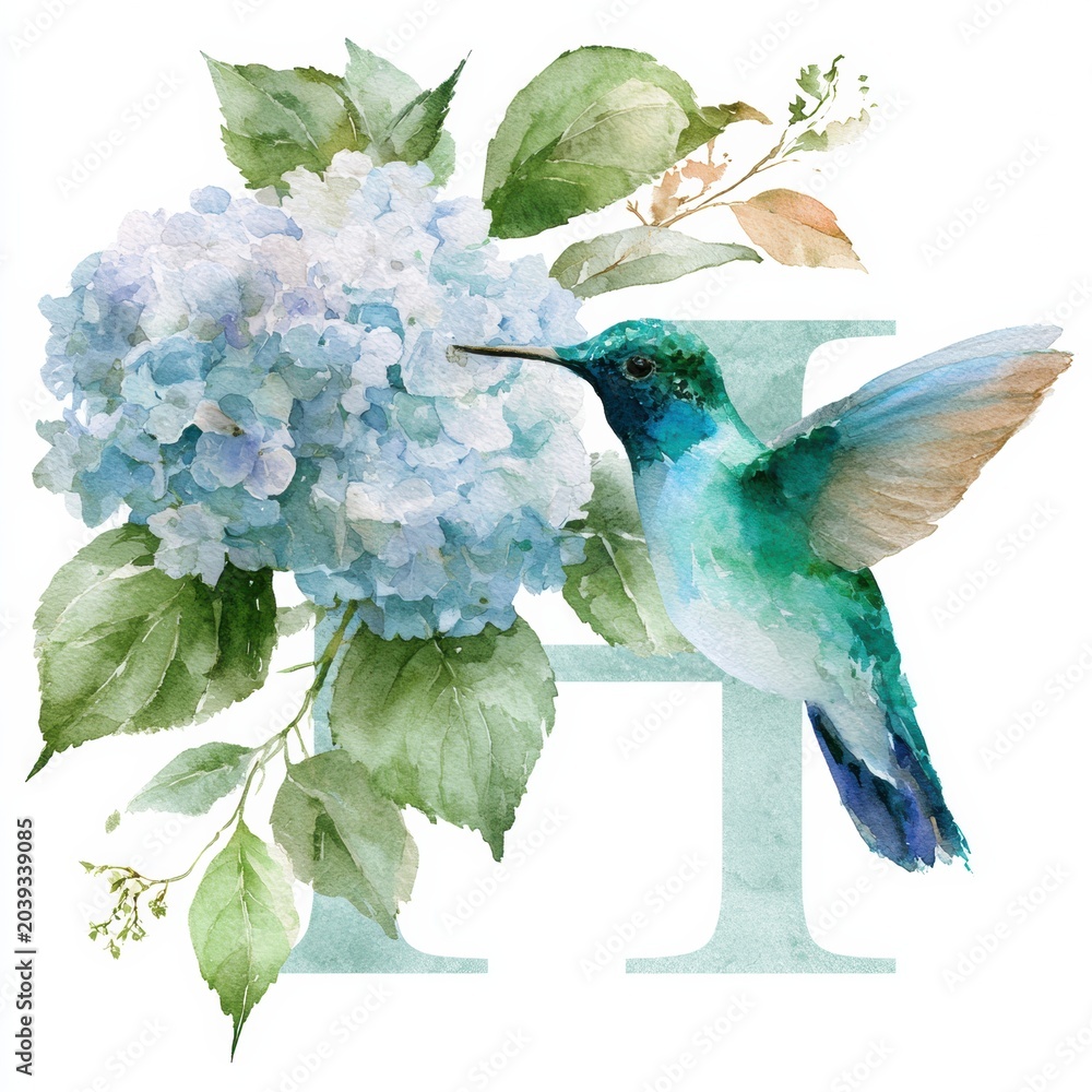 Fototapeta premium Visual art displays the letter H with a hummingbird sipping from a hydrangea cluster in soft blue and green tones on a plain background.