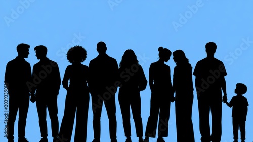 Silhouettes of diverse people standing together against a blue background