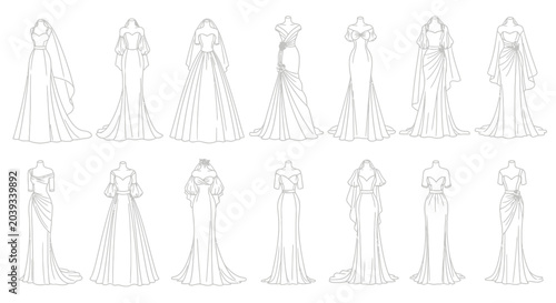 Tableau sur toile Variety of wedding dresses on display.