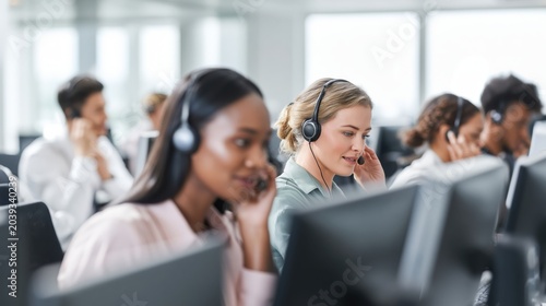 Busy customer service desk, diverse team focused on tasks