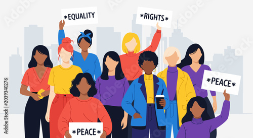 Fotografie Diverse group of women holding signs advocating for equality and peace, vector i