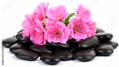 Pink Blossom on Black Stones: Delicate pink flowers bloom atop a pile of smooth, dark stones, creating a serene and harmonious composition.