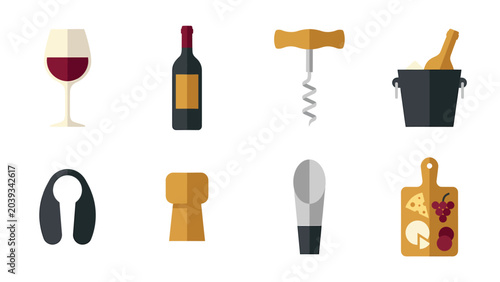 Set of flat design icons related to wine, including a glass, bottle, corkscrew, ice bucket, foil cutter, cork, aerator, and cheese board.
