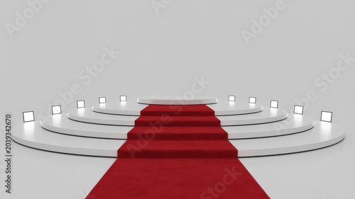 Circular podium with red carpet and studio lights isolated on white background