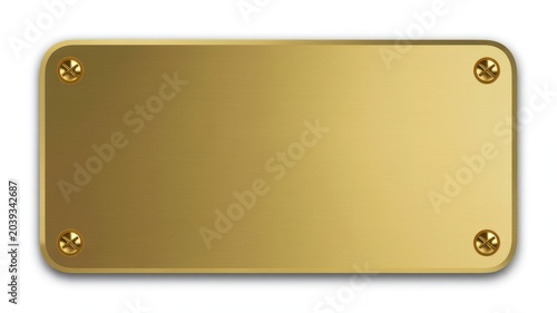 Brushed gold metal plaque or nameplate with screws isolated on white background