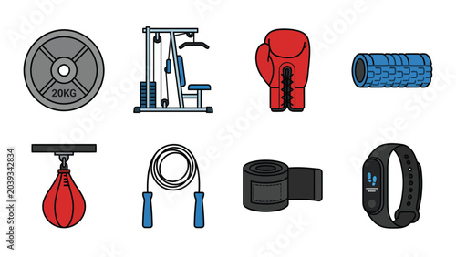 Collection of fitness and gym equipment icons for exercise and healthy lifestyle.