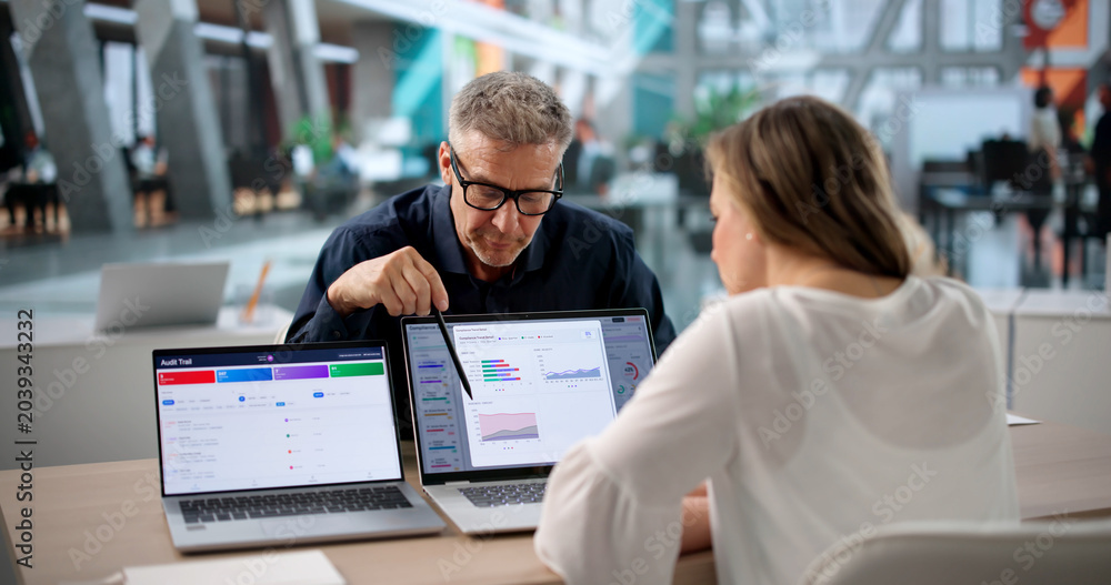 Fototapeta premium Compliance Manager And Team Analyze Risk Data