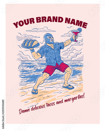 Vintage luchador mascot illustration holding tacos and a margarita on the beach