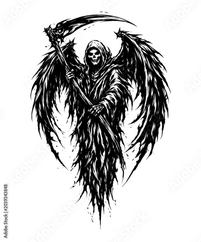 Slika na platnu Symmetrical winged grim reaper with scythe vector graphic for gothic clothing br