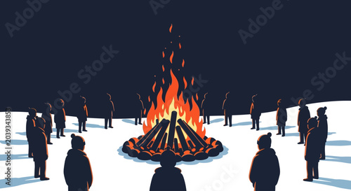 People gathered around bonfire at night vector illustration
