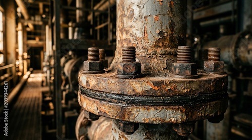 Old rusty metal pipe flange connection in industrial facility.
