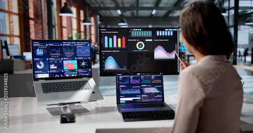 Vászonkép Confident Financial Analyst Reviewing Important KPI Data