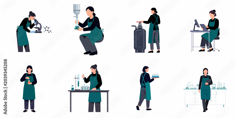 Fototapeta premium Flat vector illustration set of professional female scientists and lab technicians conducting research and experiments in a modern laboratory setting