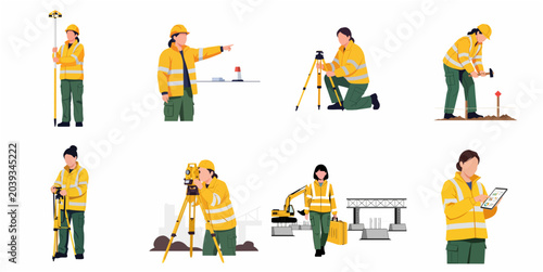 Tableau sur toile Set of vector illustrations of female land surveyors and civil engineers working
