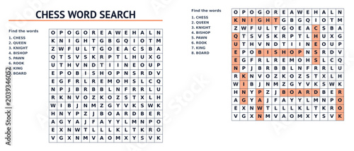 Fotografie Chess vocabulary word search puzzle with solved answer sheet for education activ