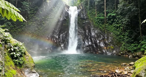 Serene waterfall cascading into a tranquil pool surrounded by lush rainforest and sunlight