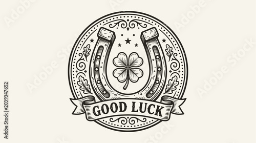 Horseshoe with four-leaf clover and good luck banner icon