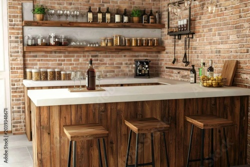 A modern small kitchen that integrates a functional mini bar and warm wood details.