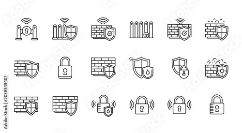 A collection of security icons featuring locks, shields, and walls with various symbols on a white background.