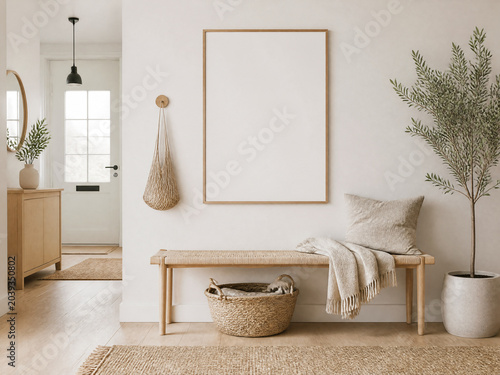 Vertical frame mockup for wall art display in Scandinavian entryway above wooden bench with woven basket and copy space
